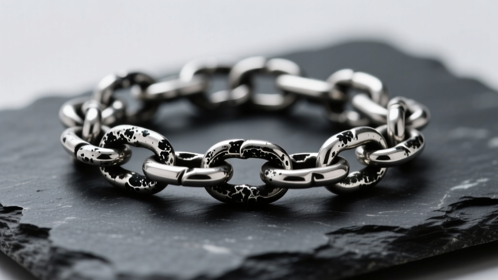 Close-up of tarnished 925 sterling silver chain links on dark slate, showing black silver sulfide patina under soft studio lighting.