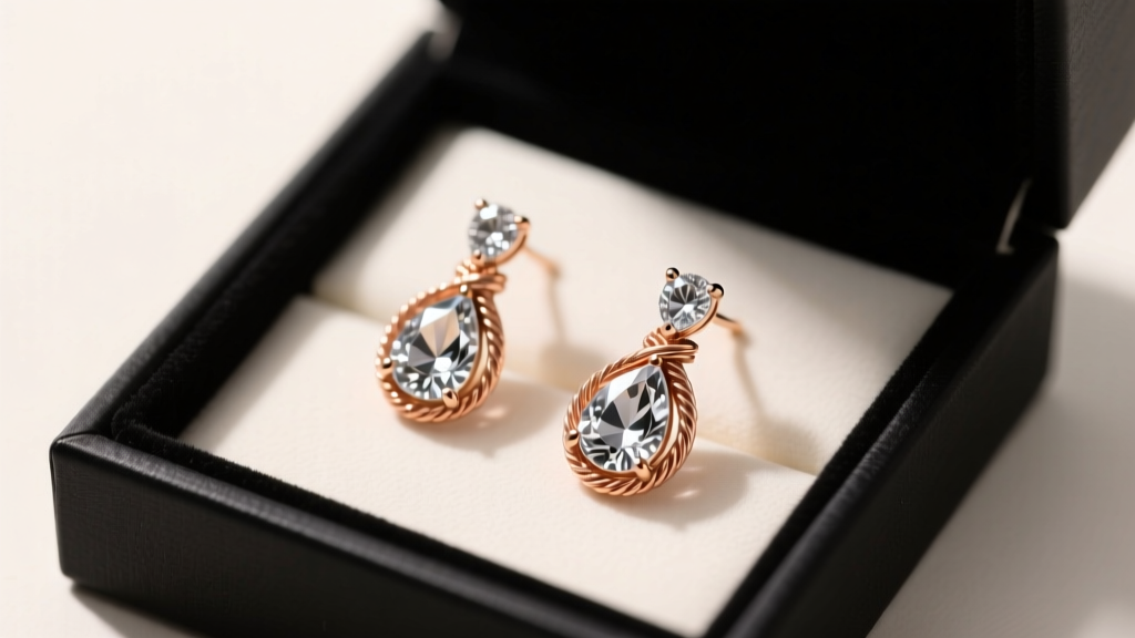 Open black box revealing rose gold thread through earrings with pear-cut sapphires under warm directional studio lighting