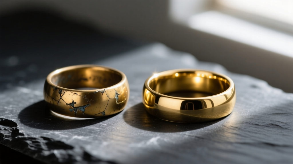 Tarnished brass fashion ring next to a polished 14k solid gold band on dark slate, showing metal degradation and daily wear