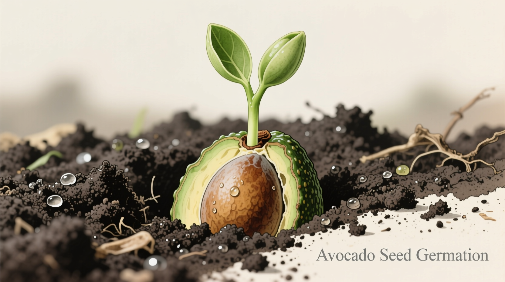 Avocado seed planted in soil with sprout