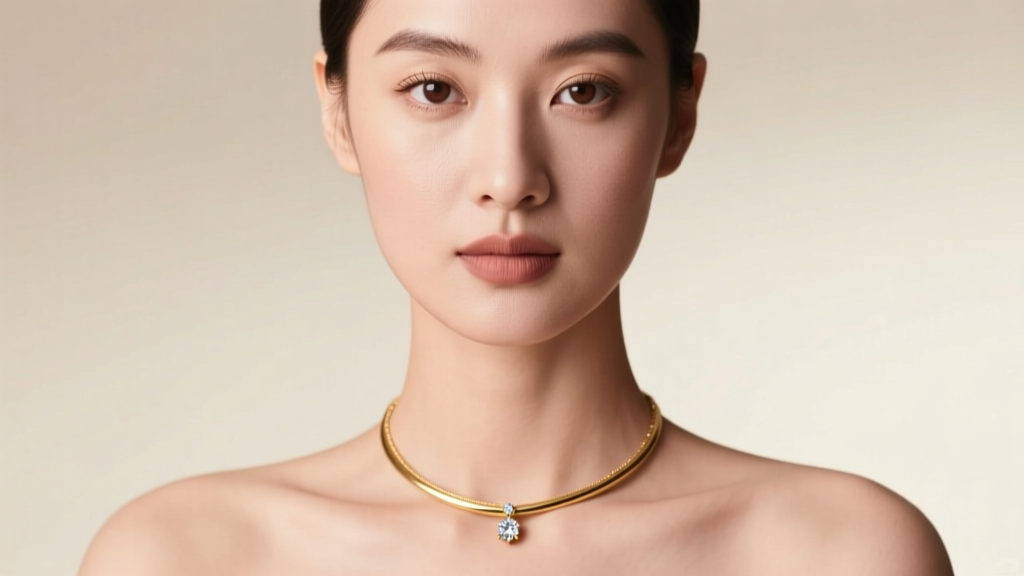 Close-up portrait of a woman wearing a delicate 15-inch 14k gold-filled choker necklace with a small diamond pendant, soft studio lighting.