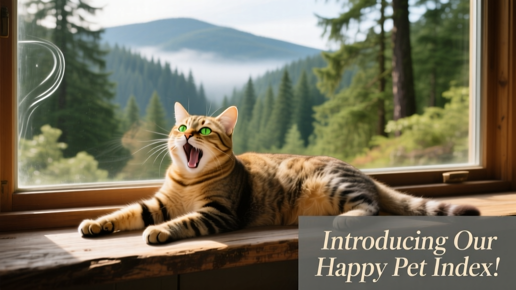 A relaxed tabby cat lounging on a sunny windowsill overlooking lush Pacific Northwest greenery