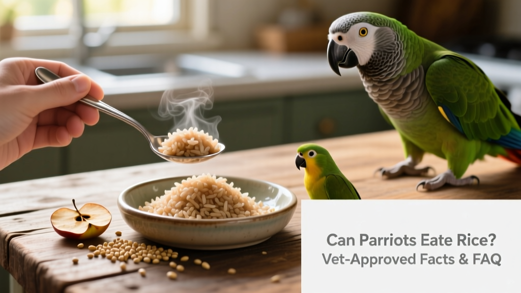 Close-up of a hand holding a spoon with steaming, plain cooked brown rice next to a parrot’s food dish