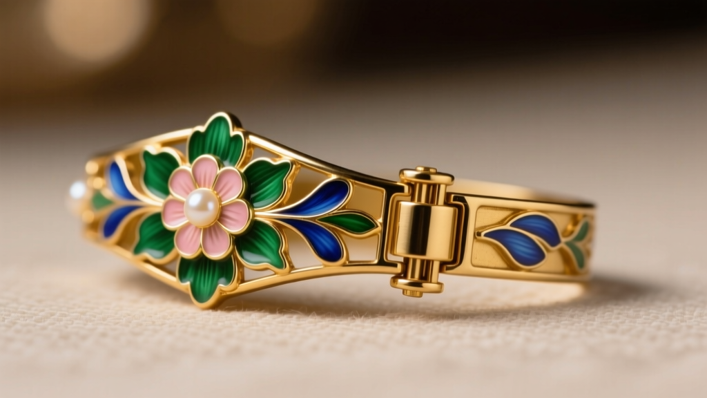 Macro shot of a vintage Erwin Pearl gold clasp stamped with the logo, showing detailed enamel floral accents and a secure closure