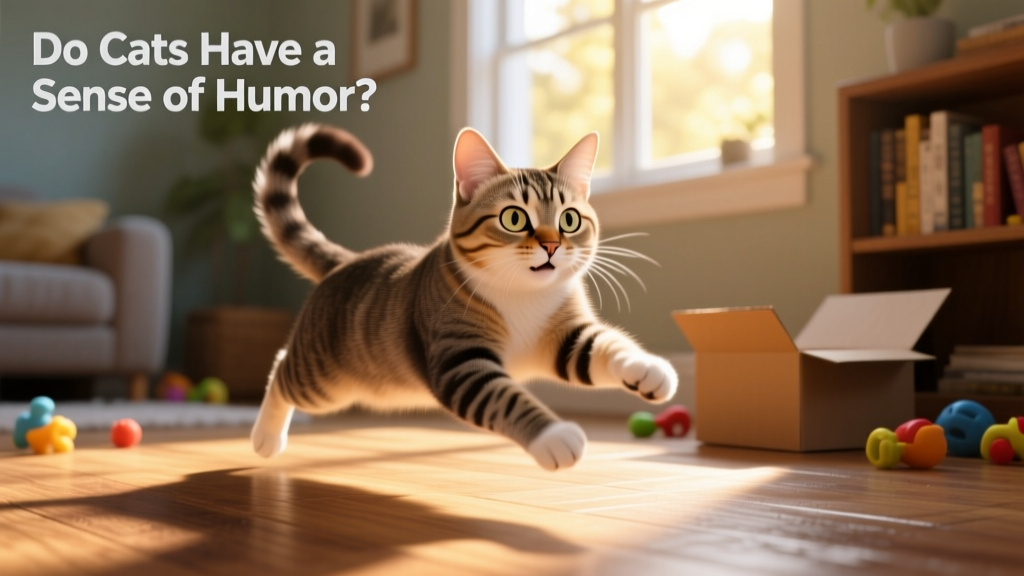 A playful cat mid-pounce, ears forward and tail flicking, capturing joyful engagement