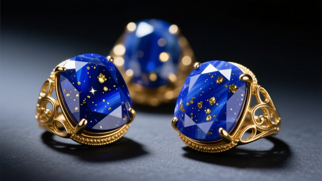 Close-up of Afghan lapis lazuli studs in gold bezels, displaying deep royal blue with tiny gold pyrite flecks against dark slate.