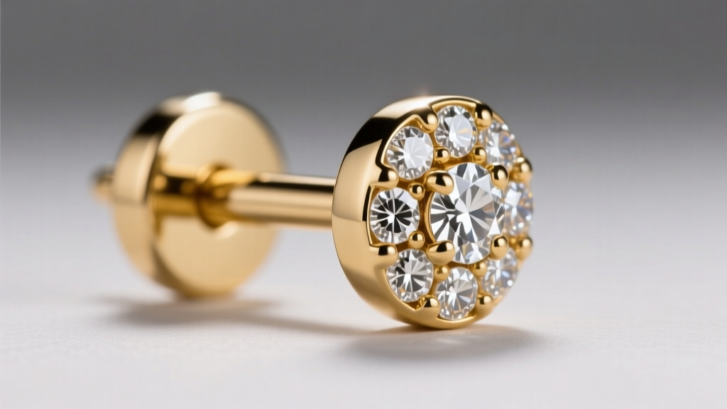Close-up of a 14k solid gold diamond rivet earring post, focusing on precise laser-welded threading and a high-polish finish.