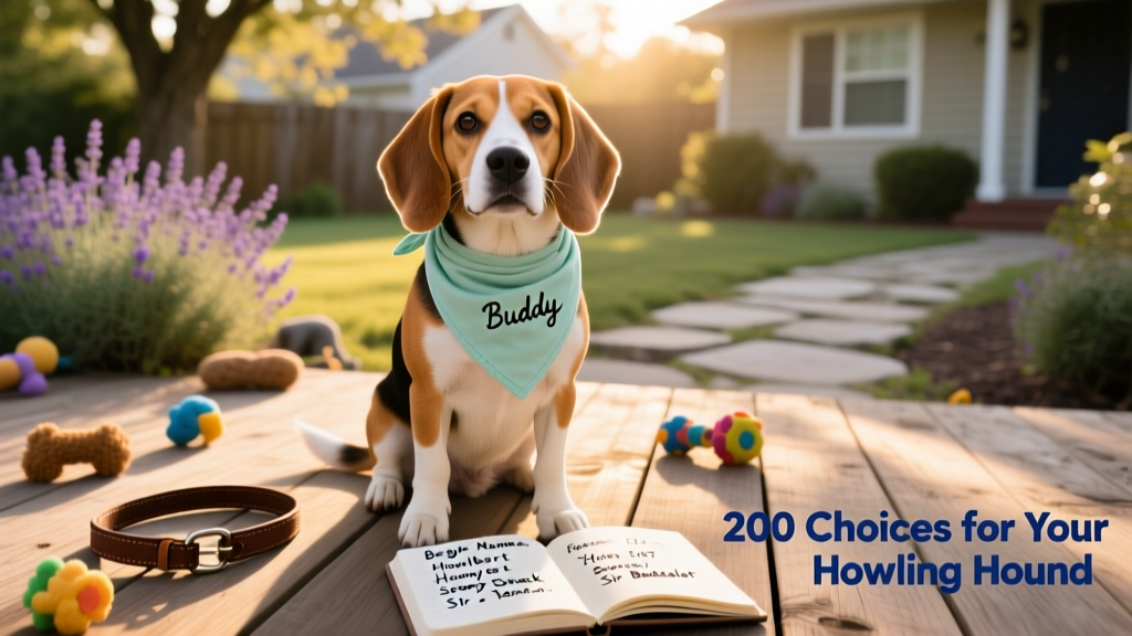 A smiling Beagle sitting upright, wearing a lightweight bandana