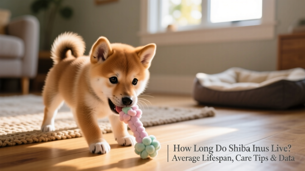 A Shiba Inu puppy playing gently with a soft chew toy, illustrating early-stage development and socialization