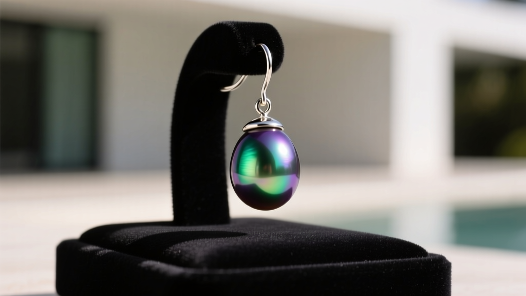 Macro shot of a Tahitian peacock pearl drop earring with green and purple overtones on a dark velvet jewelry display stand.