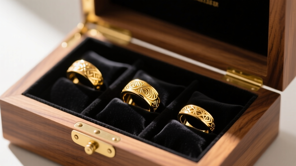 High-purity imperial gold rings stored separately in individual dark velvet pouches inside a cedar-lined wooden jewelry box