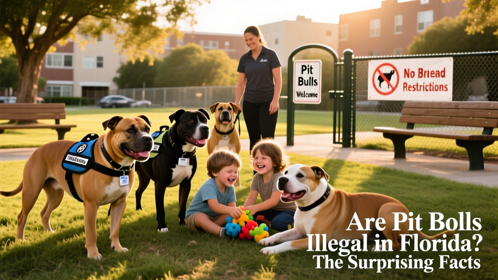 A diverse group of well-cared-for Pit Bulls—some with service vests, others playing gently with children—in a supervised community dog park setting