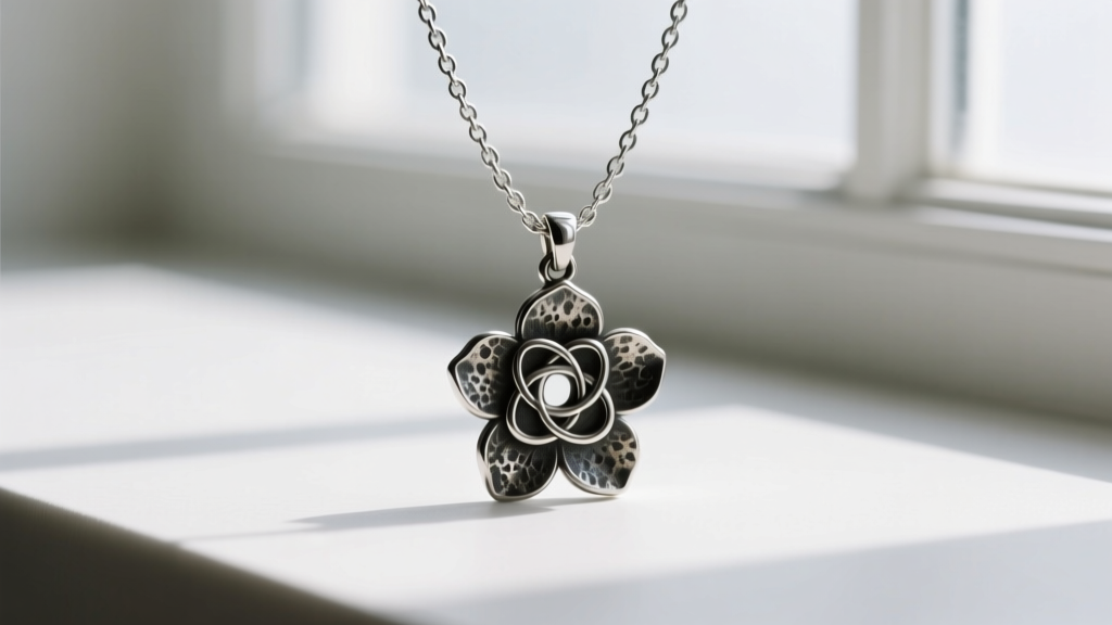 1.2mm silver box chain threaded through an oxidized flower of life pendant bail, photographed in soft, diffused natural daylight.