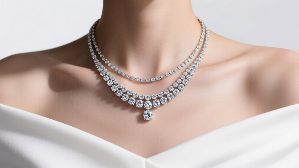 Close-up of collarbones showing a 14-inch diamond tennis necklace and 22-inch matinee chain above a white bardot dress neckline.