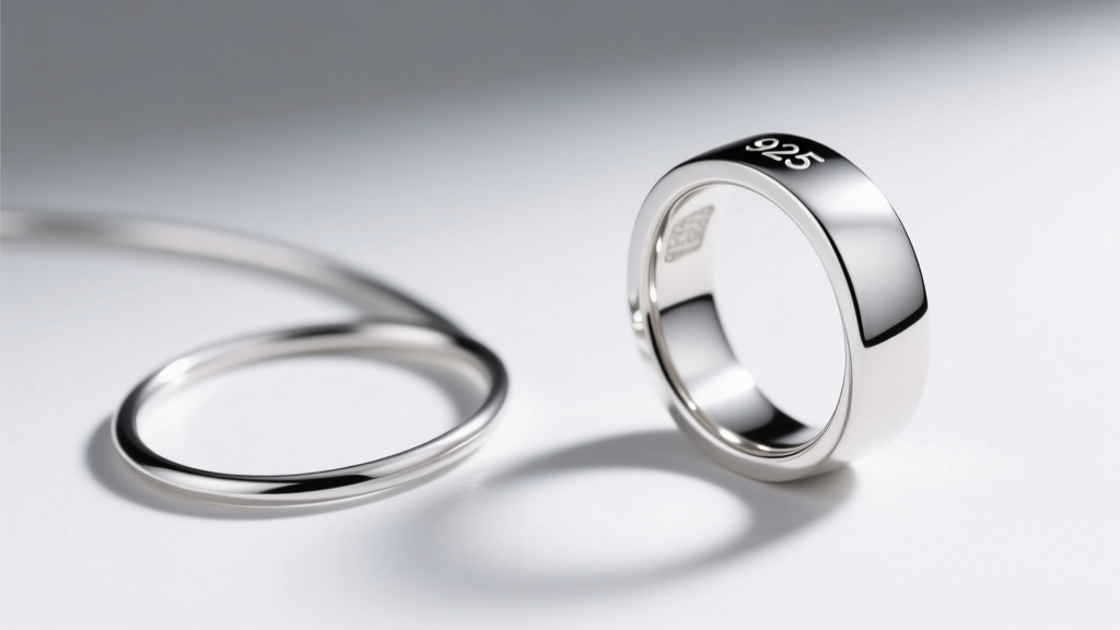 Visual showing pure soft silver bending easily next to a rigid 925 sterling silver alloy ring on a bright white background.