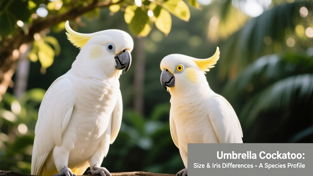 Side-by-side comparison showing male and female umbrella cockatoos highlighting size and iris differences