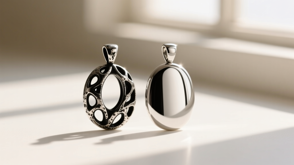 Two silver pendants; one has intentional black oxidation in crevices, while the other is fully polished to a bright mirror finish.