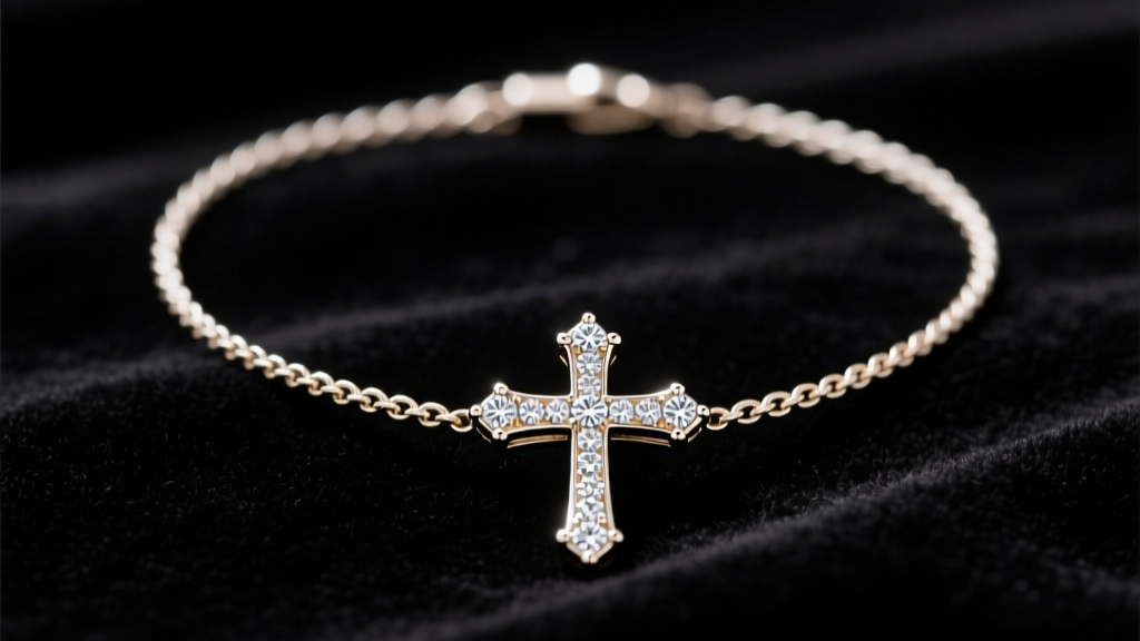 18k white gold Damiani cross necklace on black velvet, showing pavé diamonds and a delicate cable chain under soft studio lighting