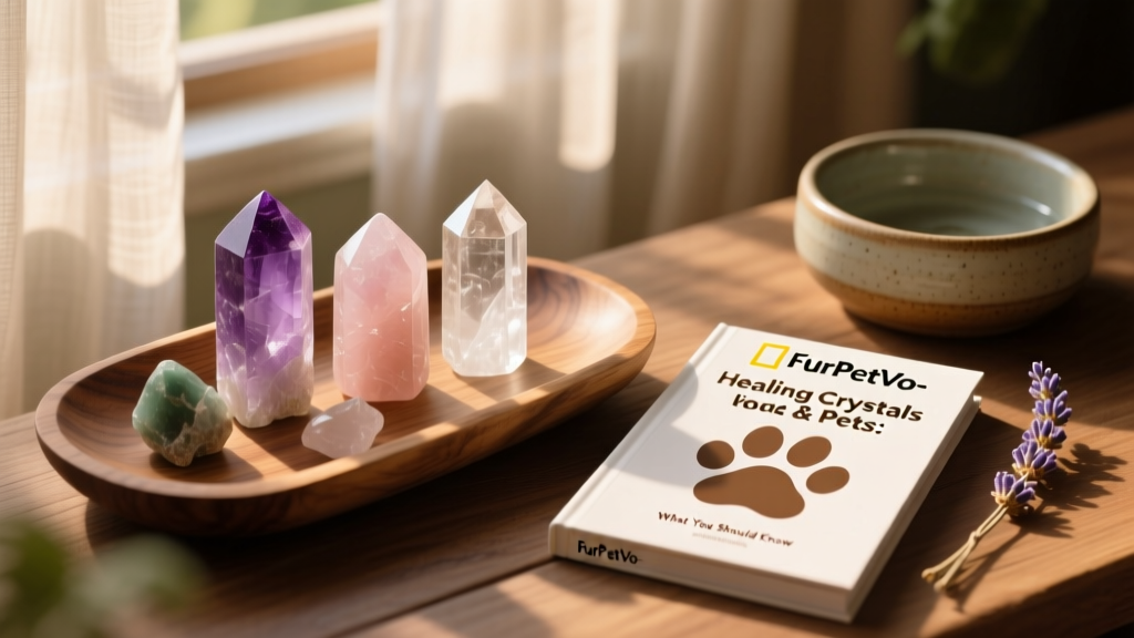 A curated collection of pet-safe crystals—amethyst, rose quartz, and clear quartz—displayed on a natural wooden tray beside a FurPetVo-branded wellness guidebook