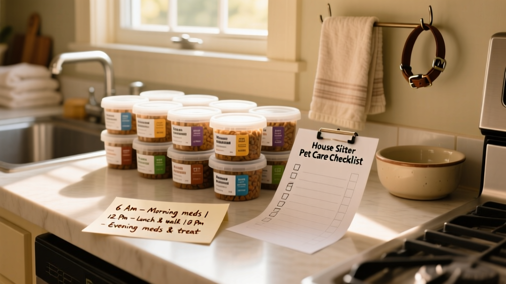 A neatly organized kitchen counter with labeled pet food containers, a printed checklist, and a handwritten note listing feeding times and medication reminders
