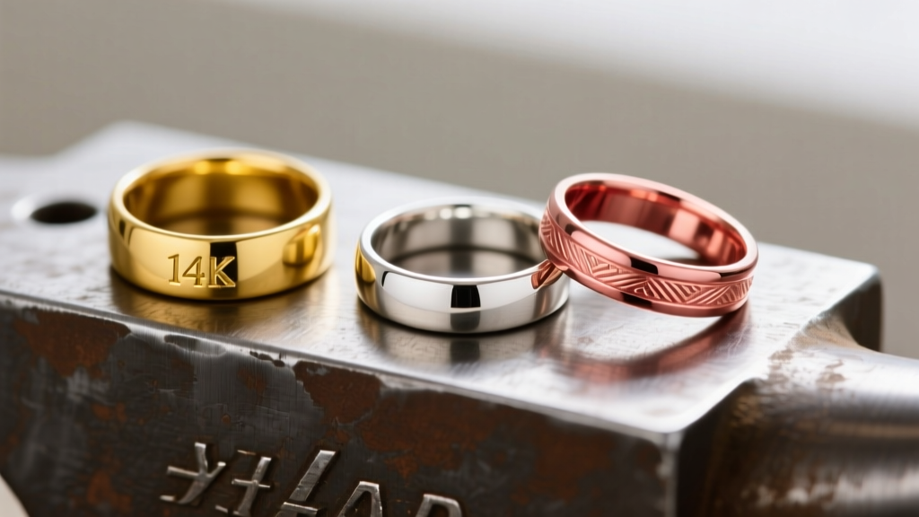 Three 14k gold rings on an anvil, comparing yellow, white, and the distinct reddish-pink hue of copper-alloyed rose gold metal.