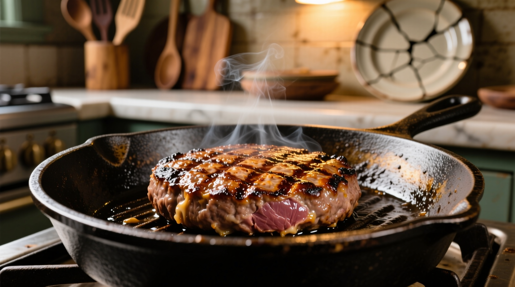 Perfectly seared hamburger patty in cast iron skillet