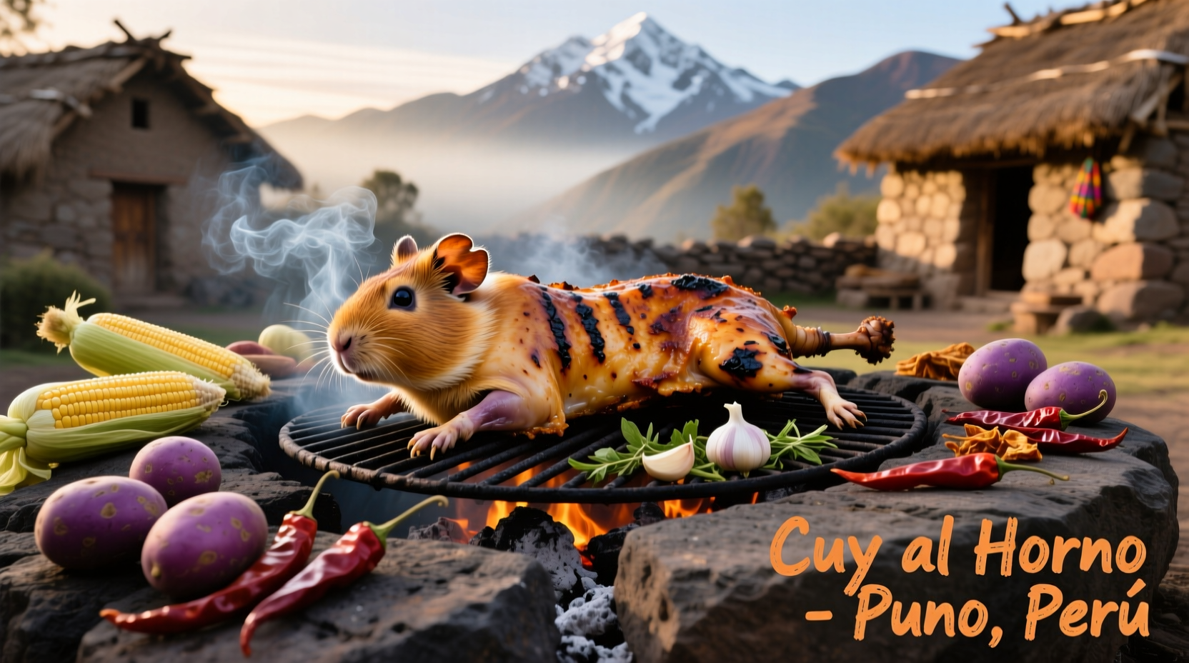 Traditional Andean cuy preparation on stone grill