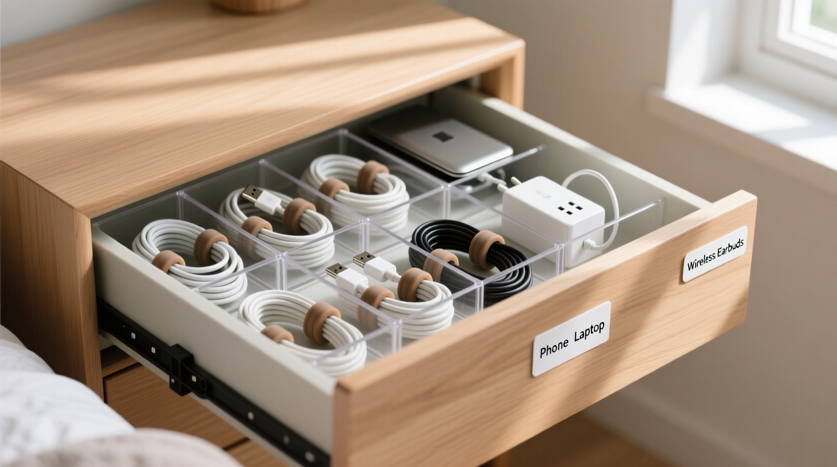 how to organize cords and chargers in a drawer without tangling