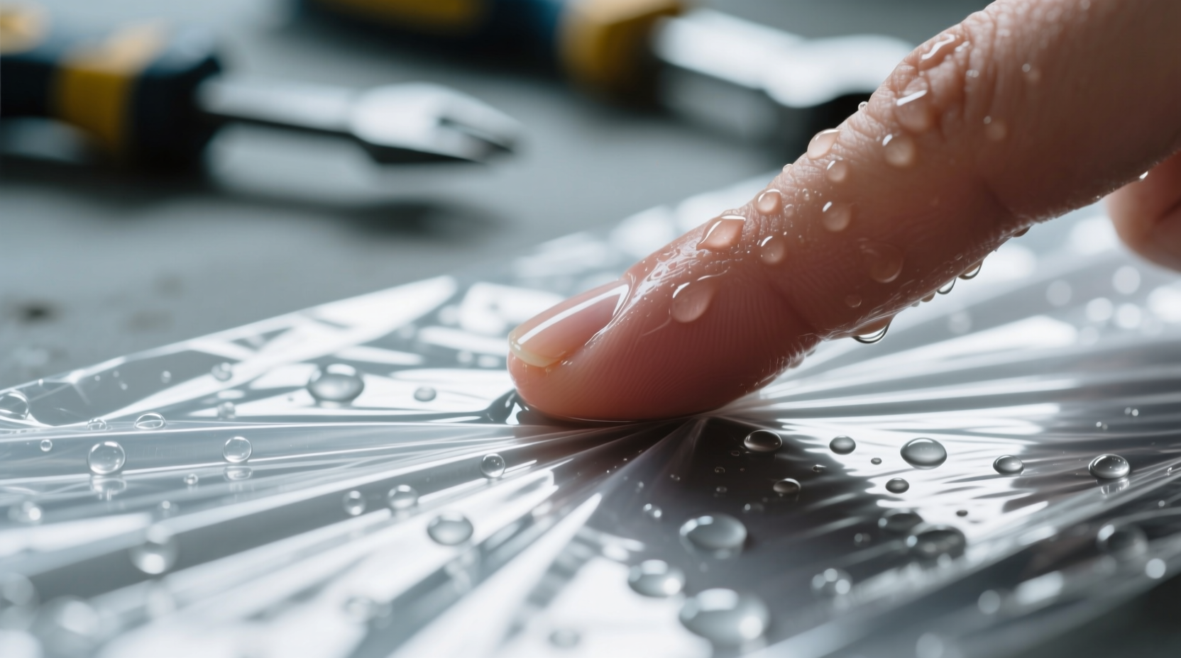run a wet finger across surfaces to make plastic wrap s