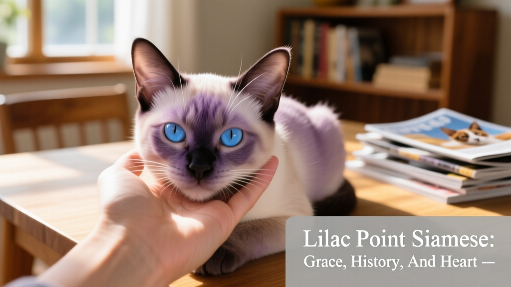A gentle close-up of a Lilac Point Siamese resting beside its owner’s hand, illustrating trust, calm demeanor, and signature blue eyes