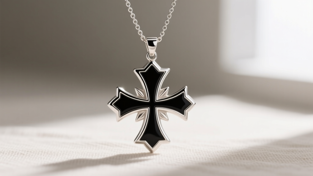 Sterling silver Maltese cross pendant with black champlevé enamel, hanging from a 2mm box chain against a neutral linen backdrop.