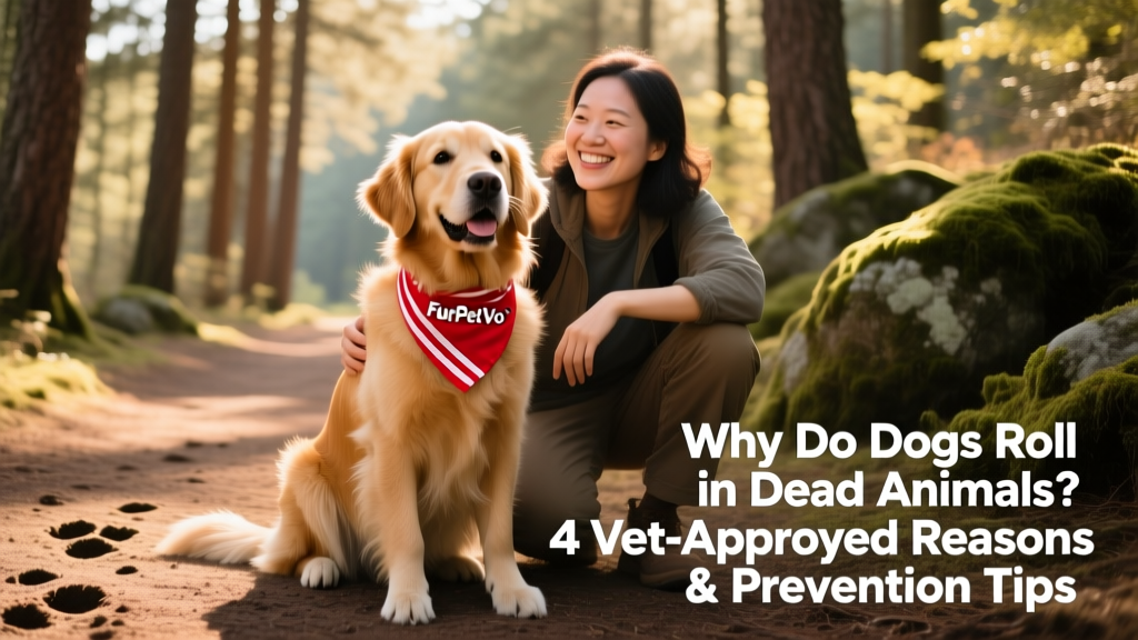A happy dog sitting beside its owner on a trail, wearing a FurPetVo bandana, looking attentive and relaxed