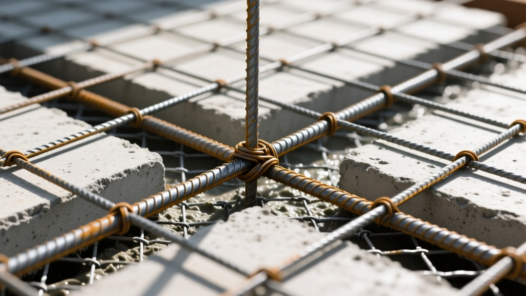 Close-up of concrete slab pour showing tied #4 steel rebar grid next to a rolled-out sheet of 6x6 welded wire mesh reinforcement