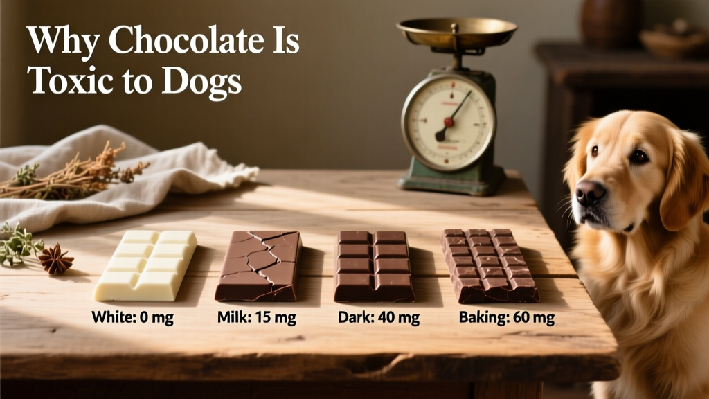 Side-by-side comparison showing relative theobromine levels in white, milk, dark, and baking chocolate bars