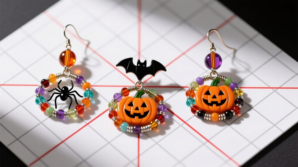 Overhead flat-lay of three beaded halloween earrings on a grid mat, showing center-of-gravity points with red technical lines