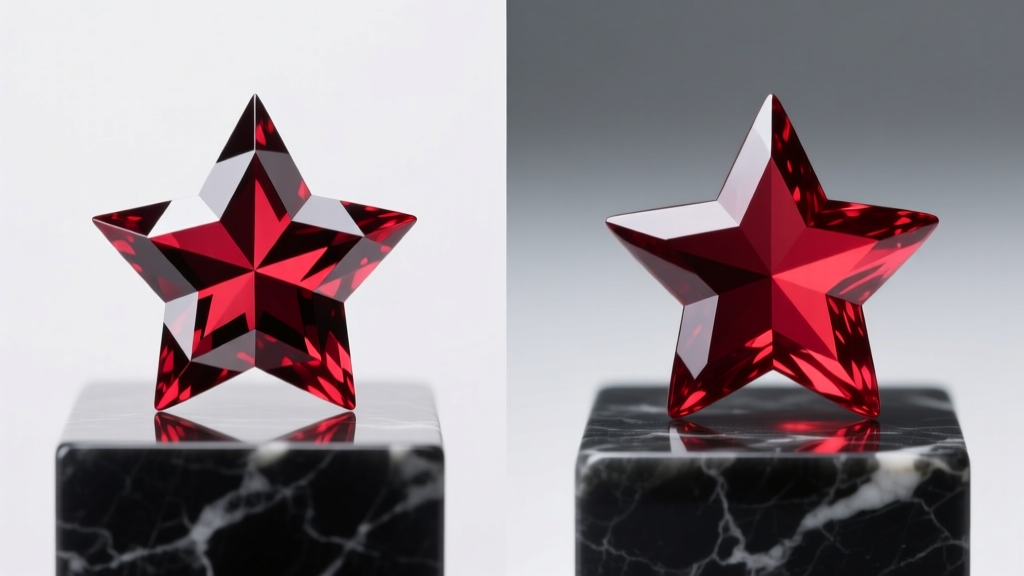 Side-by-side view of a synthetic star ruby with a sharp star and a natural star ruby with a softer star and deep red body color