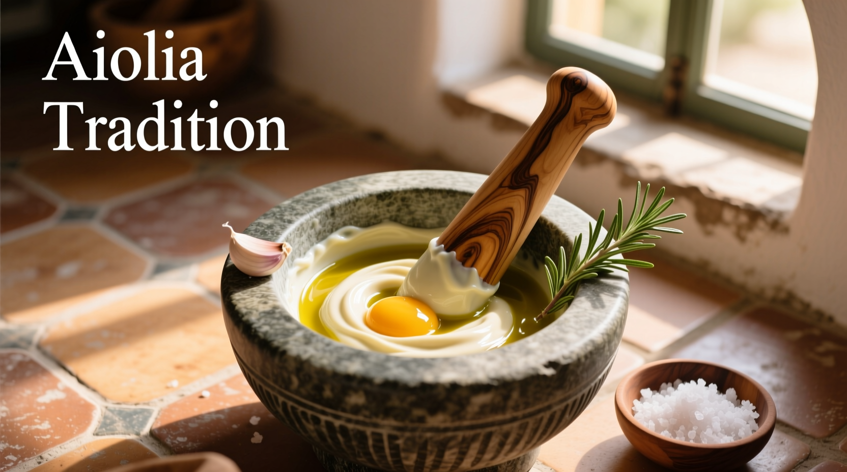 Traditional mortar and pestle preparing aioli