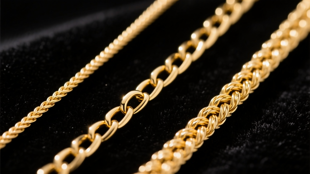 Macro comparison of three gold necklace chains on black velvet: a 1.2mm cable, a 3mm figaro, and a twisted 2.5mm rope chain.