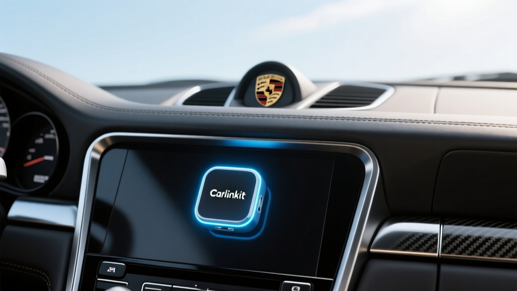Digital display of a Carlinkit 5.0 wireless CarPlay adapter glowing on the center console of a Porsche 911 dashboard
