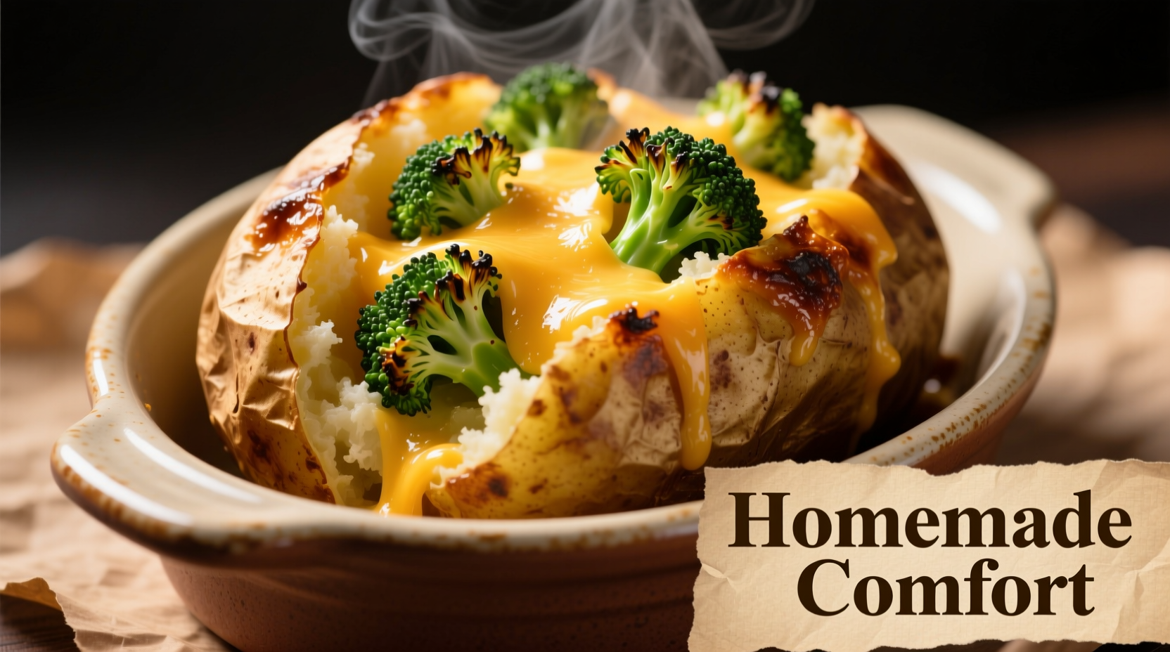 Golden baked potato stuffed with broccoli and cheese showing texture contrast