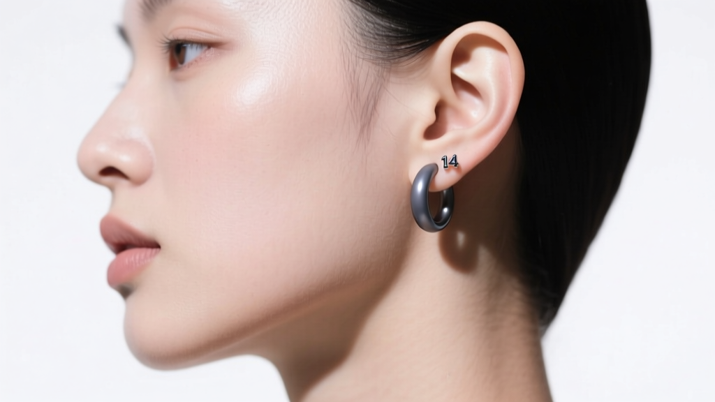 Side profile of a model wearing a seamless 14-gauge niobium clicker hoop in a daith piercing, highlighting dark grey metal.