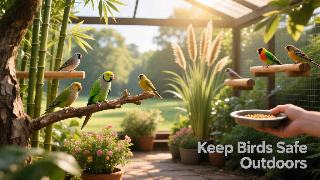Bird-safe plants and natural perches inside a sun-dappled outdoor aviary