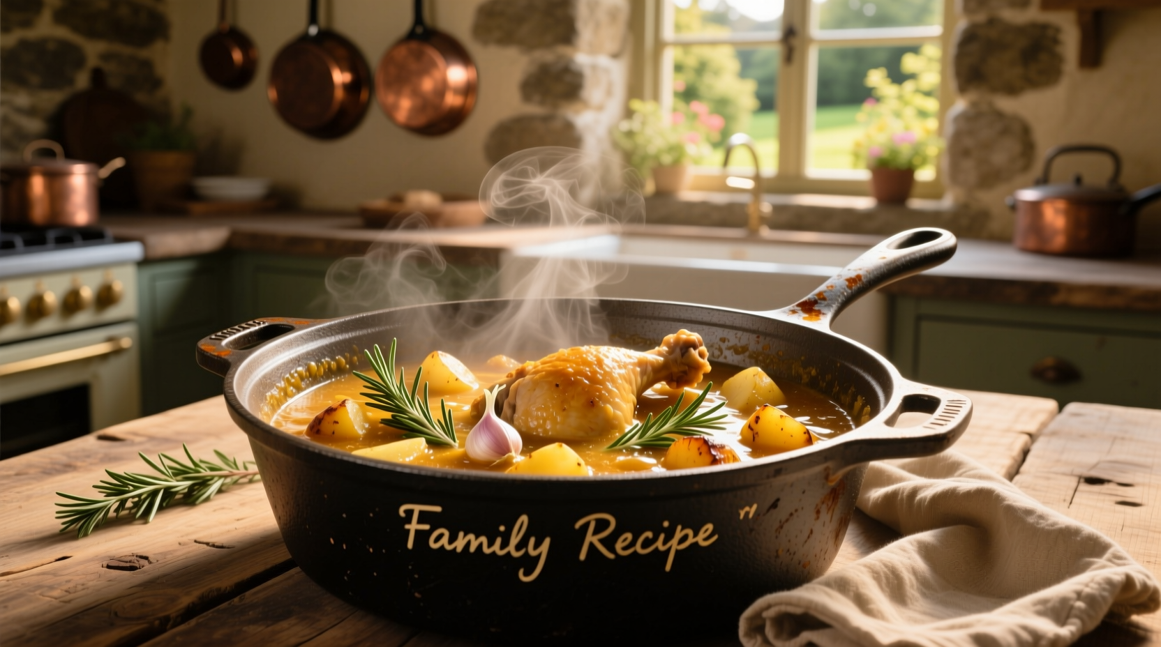 Golden chicken and potato stew in cast iron pot