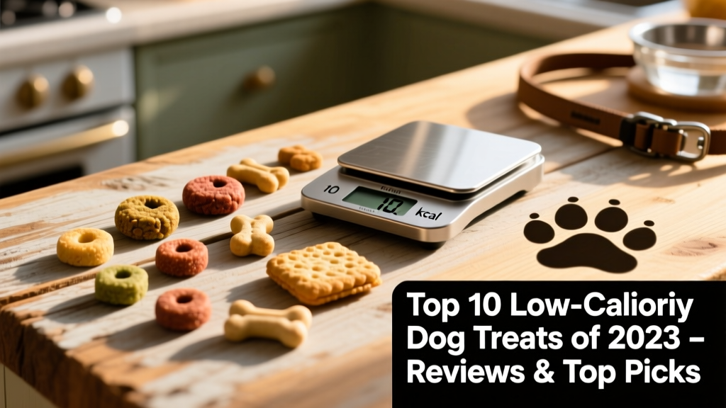 A variety of small, bite-sized low-calorie dog treats arranged on a clean wooden surface next to a measuring scale and a dog’s paw
