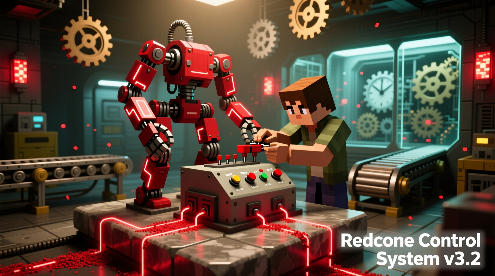 Player programming Mechanical Crafter with redstone controls in Create mod