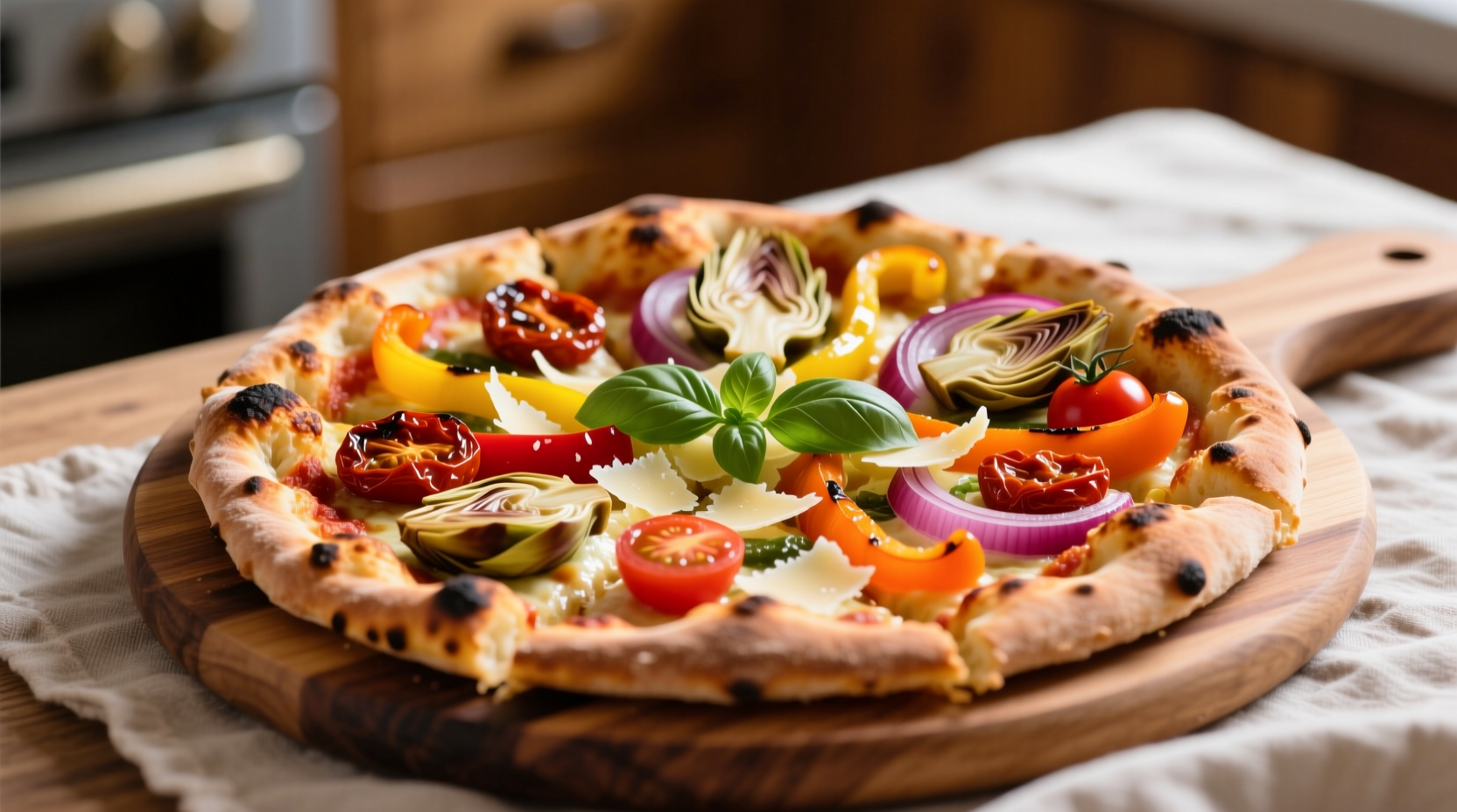 Cauliflower pizza slice with vibrant vegetable toppings