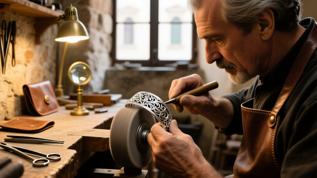 Italian jeweler using a polishing wheel on a 925 sterling silver bracelet in a Vicenza workshop with warm ambient lighting