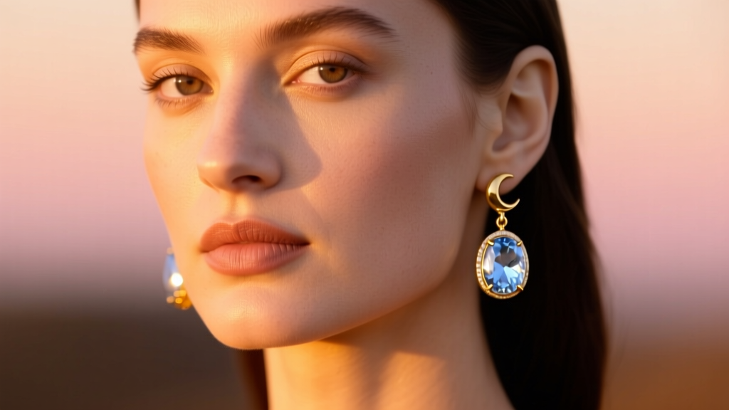 Profile of a woman wearing 18k gold moonstone drop earrings, illuminated by warm golden hour light against a blurred backdrop