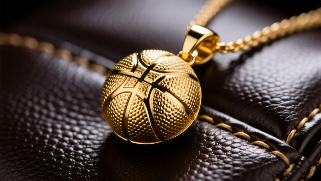 14k gold basketball pendant on dark leather showing pebbled texture and polished seams under bright directional studio lighting