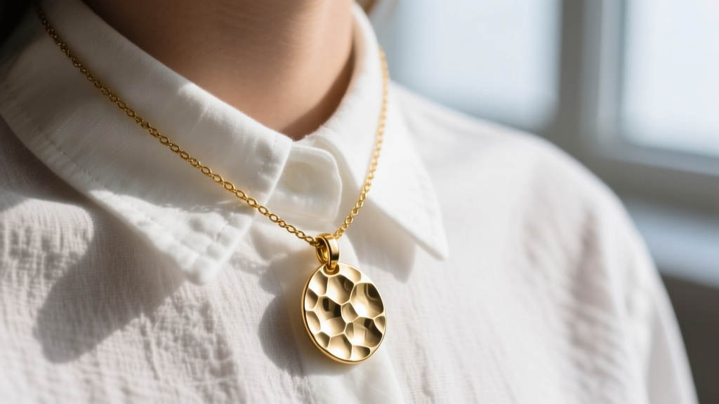 Close-up of a Danish design Pilgrim necklace with hammered gold-plated brass pendants resting on a crisp white linen shirt collar